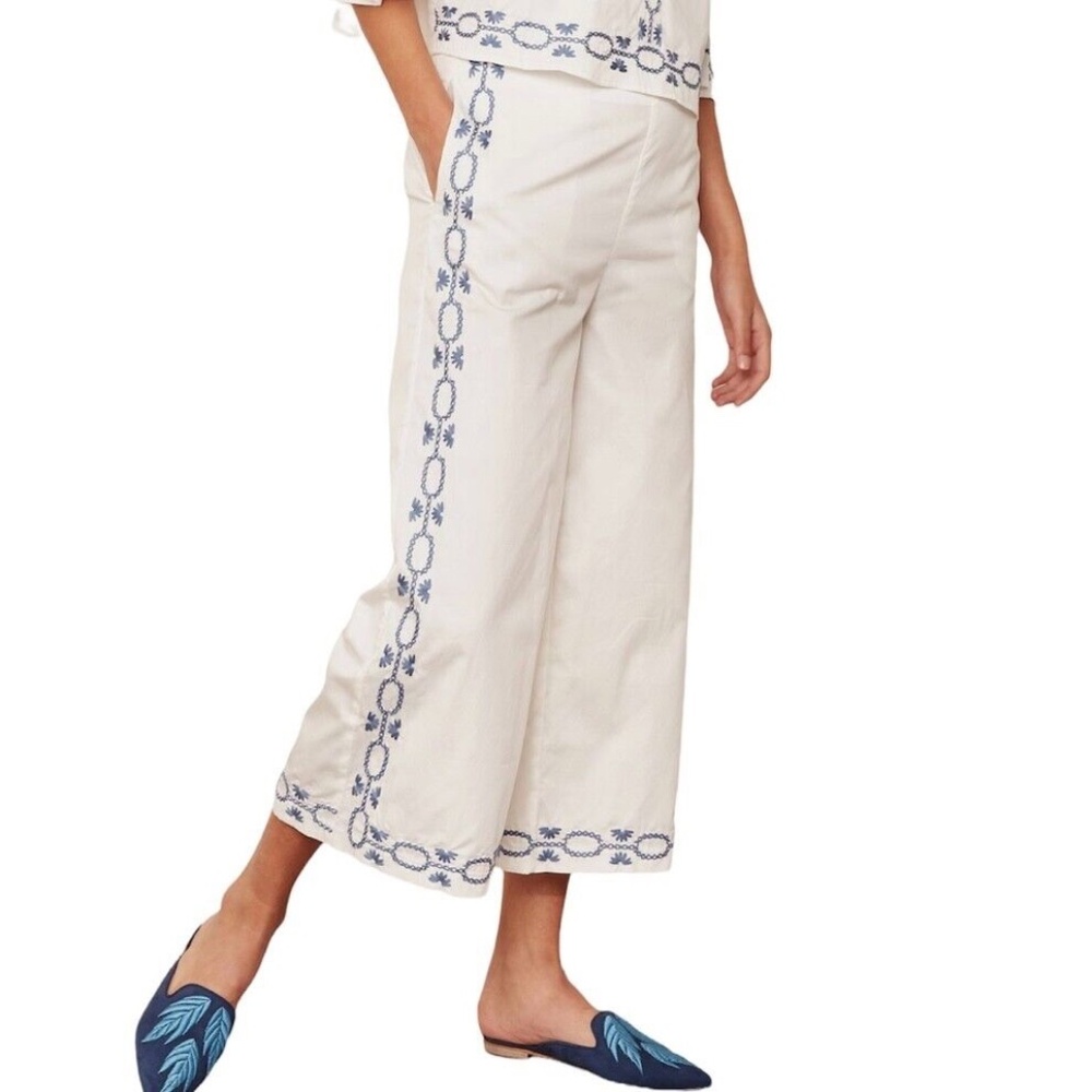 New Foxiedox Embroidered Cotton Culottes Cropped Pants White Blue Size Medium